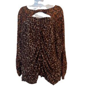 Cato Leopard Print Floral Sleeve Twist‎ Front Cutout Tunic Top Women's, 28W